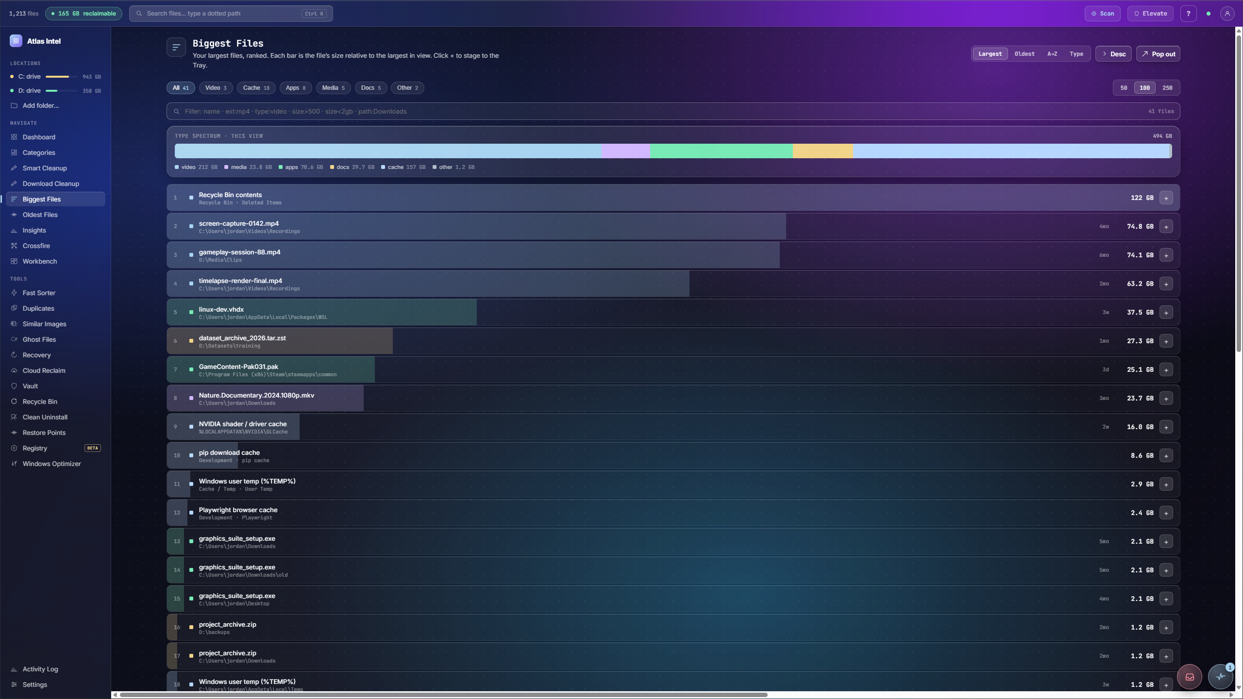 Biggest Files inside Atlas Intel, real capture with personal data blurred